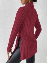 Ribbed Turtleneck Long Sleeve Slit T-Shirt - Trendsi - Flyclothing LLC