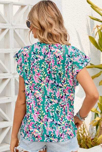 Printed Round Neck Cap Sleeve Blouse - Trendsi - Flyclothing LLC