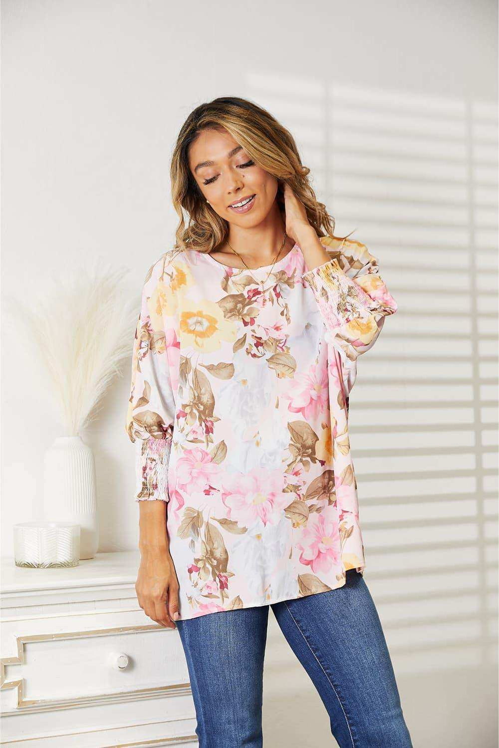 Double Take Floral Round Neck Three-Quarter Sleeve Top - Trendsi - Flyclothing LLC