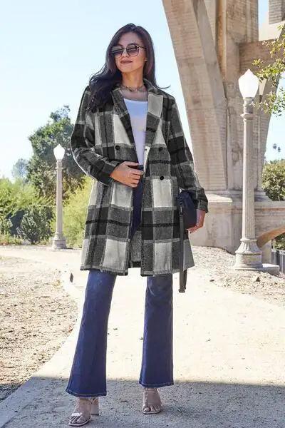 Double Take Full Size Plaid Button Up Lapel Collar Coat - Trendsi