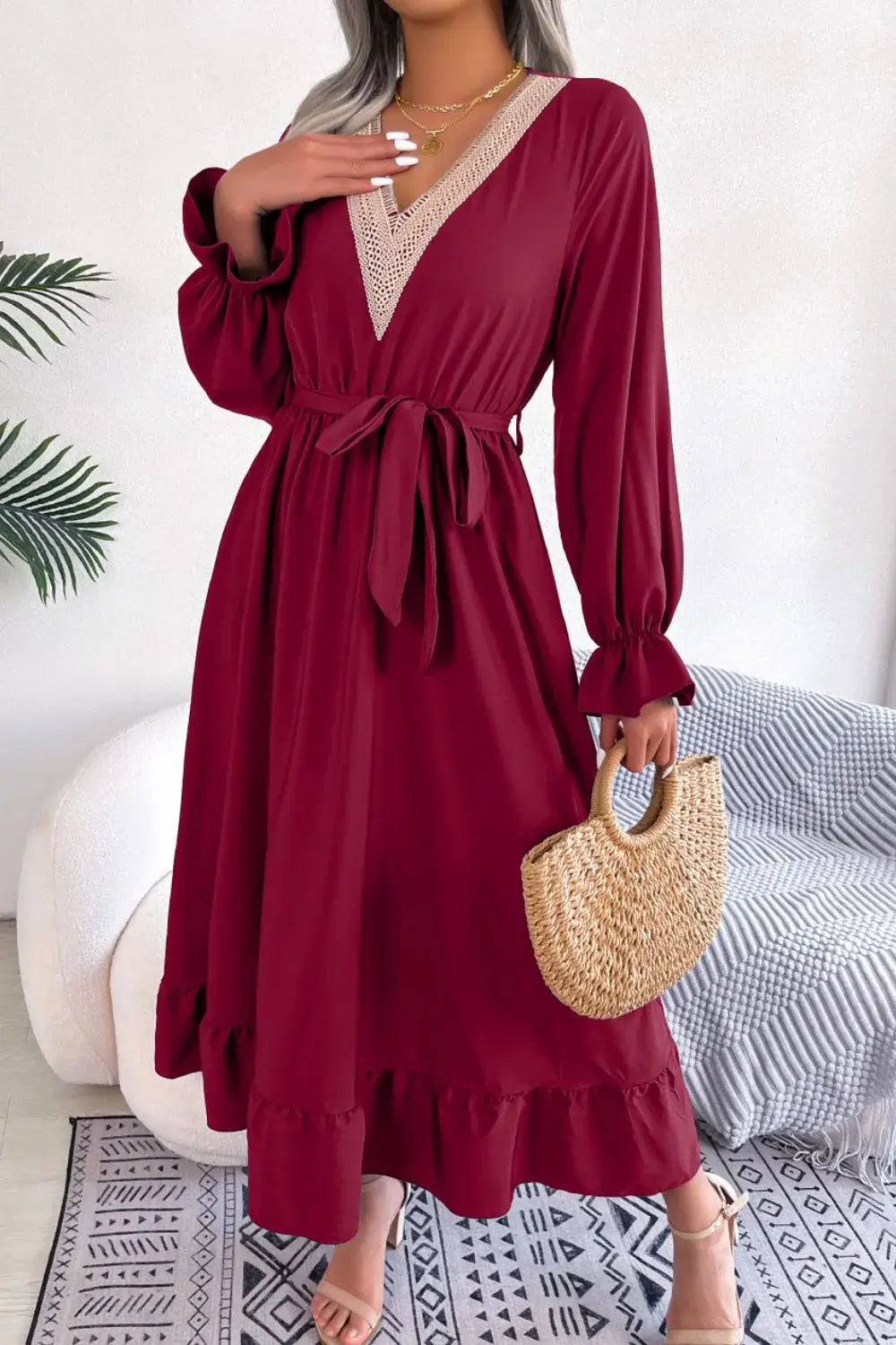 Contrast Belted Flounce Sleeve Dress - Trendsi - Flyclothing LLC