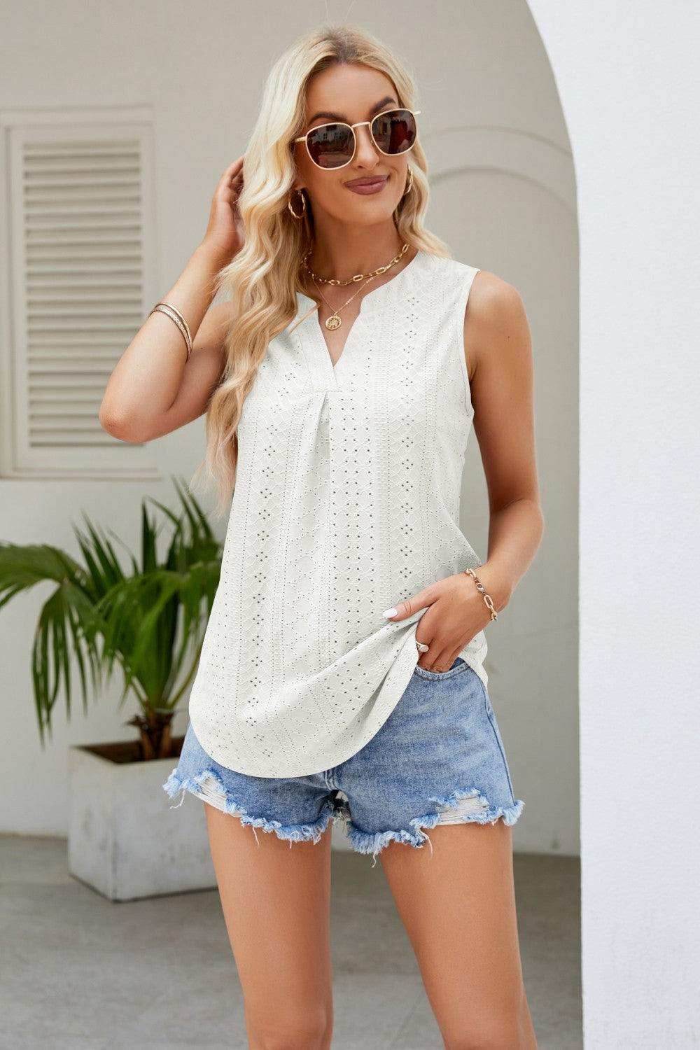 Notched Neck Curved Hem Eyelet Tank - Trendsi - Flyclothing LLC