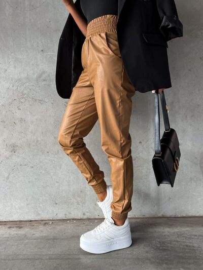 Smocked High Waist Pants with Pockets - Trendsi - Flyclothing LLC