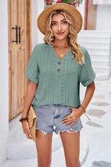 Buttoned Notched Neck Eyelet Top - Trendsi - Flyclothing LLC