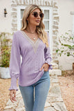 Eyelet V-Neck Smocked Flounce Sleeve Blouse - Trendsi - Flyclothing LLC
