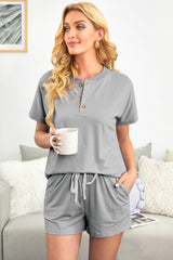 Quarter Button Short Sleeve Top and Shorts Lounge Set - Flyclothing LLC