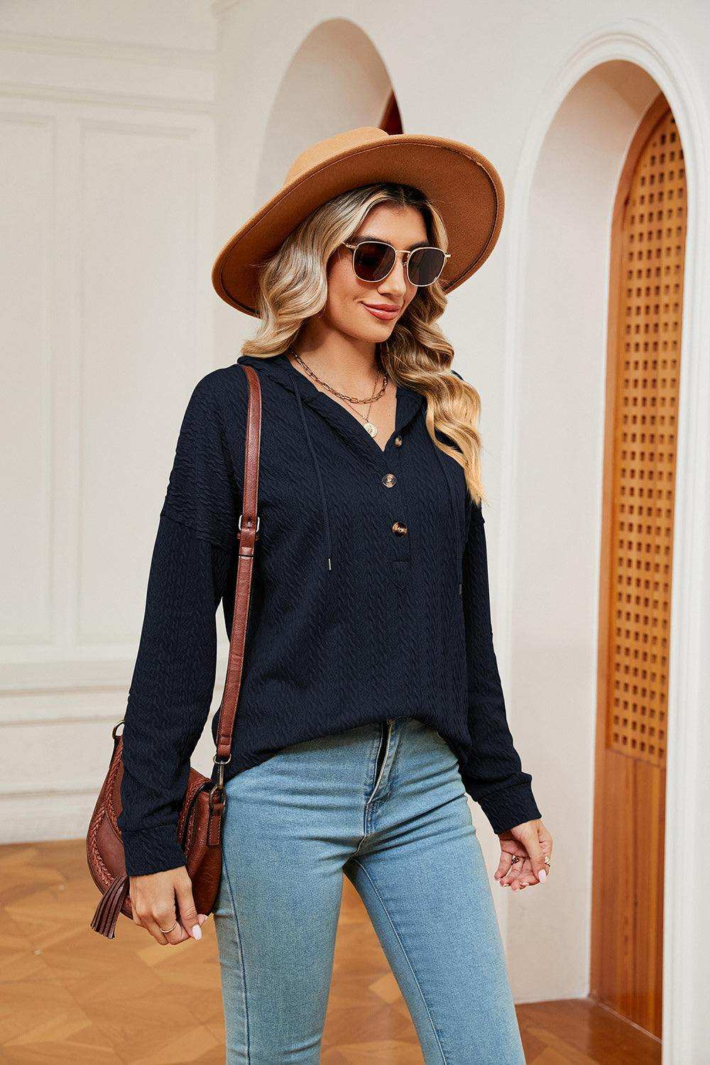 Half-Button Dropped Shoulder Hoodie - Trendsi - Flyclothing LLC