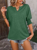Heathered Notched Lantern Sleeve Blouse - Trendsi - Flyclothing LLC