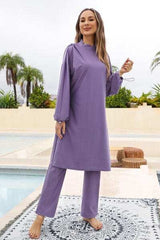 Cap, Drawstring Mock Neck Long Sleeve Top and Pants Swim Set - Trendsi - Flyclothing LLC