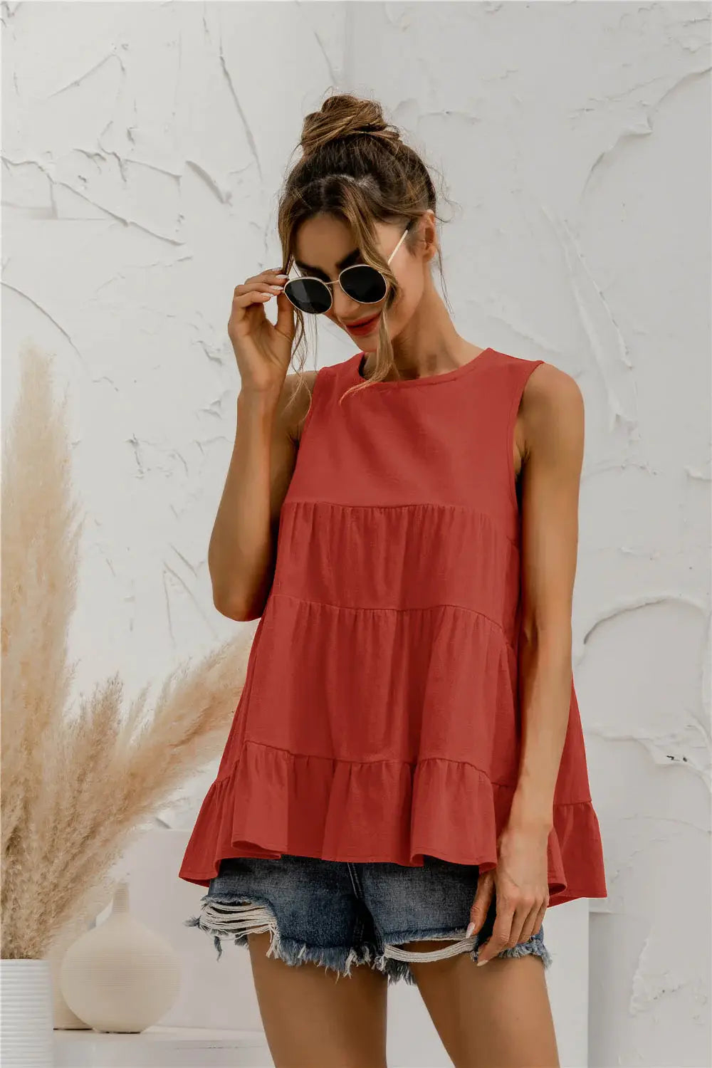 Round Neck Tiered Tank - Trendsi - Flyclothing LLC