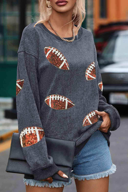Sequin Football Patch Corduroy Sweatshirt - Trendsi - Flyclothing LLC
