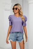 Eyelet Puff Sleeve Round Neck Blouse - Trendsi