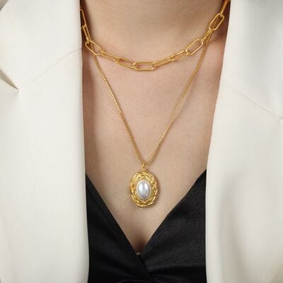 Inlaid Pearl Double-Layered Titanium Steel Necklace - Trendsi