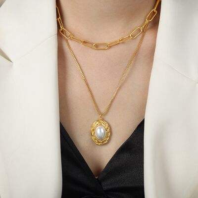 Inlaid Pearl Double-Layered Titanium Steel Necklace - Trendsi - Flyclothing LLC