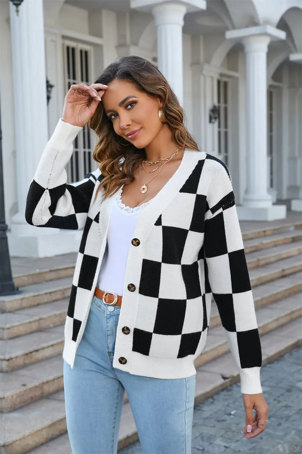 Button-Up Plaid V-Neck Dropped Shoulder Cardigan - Trendsi - Flyclothing LLC