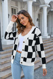 Button-Up Plaid V-Neck Dropped Shoulder Cardigan - Trendsi - Flyclothing LLC