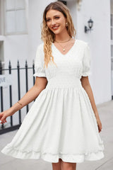 Swiss Dot Frill Trim Flounce Sleeve V-Neck Dress - Trendsi - Flyclothing LLC
