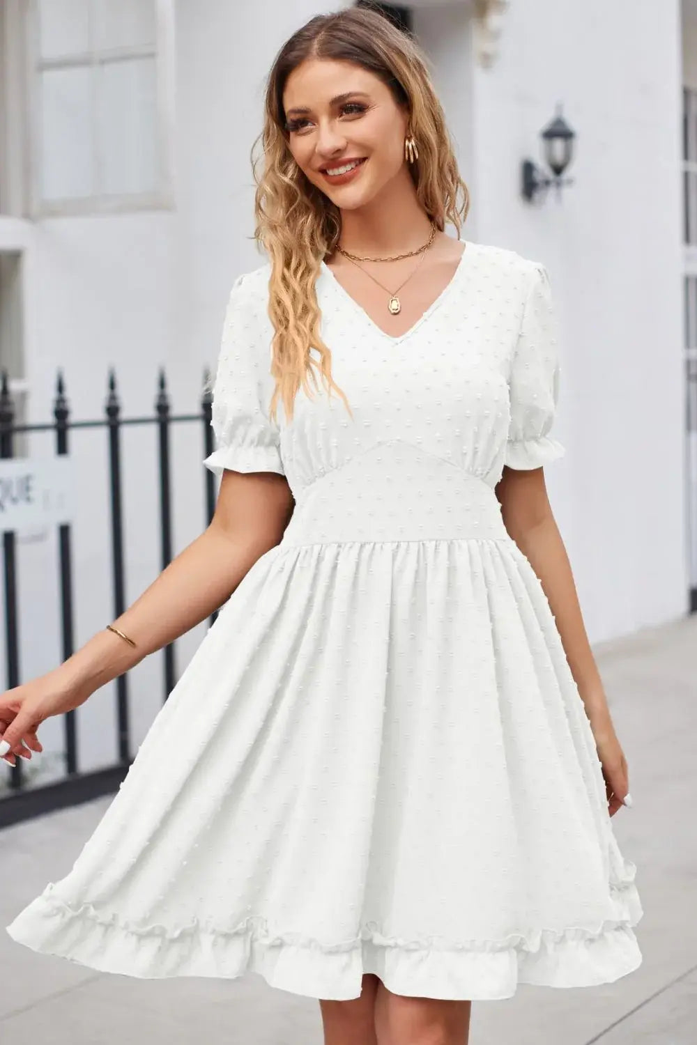 Swiss Dot Frill Trim Flounce Sleeve V-Neck Dress - Trendsi - Flyclothing LLC