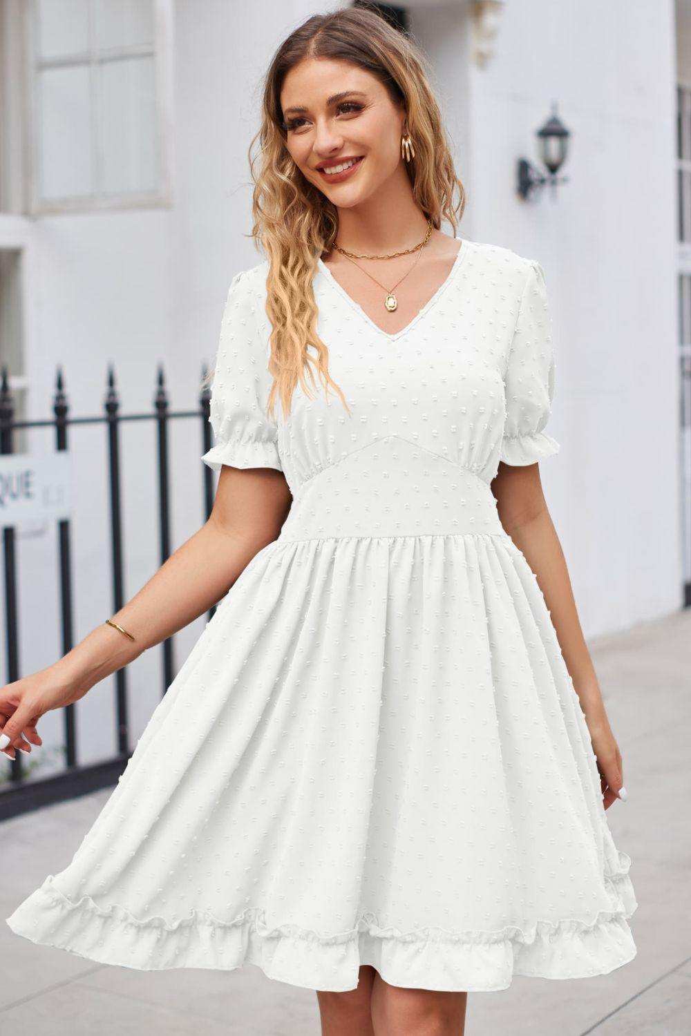 Swiss Dot Frill Trim Flounce Sleeve V-Neck Dress - Trendsi - Flyclothing LLC