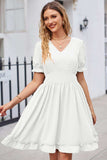 Swiss Dot Frill Trim Flounce Sleeve V-Neck Dress - Trendsi - Flyclothing LLC