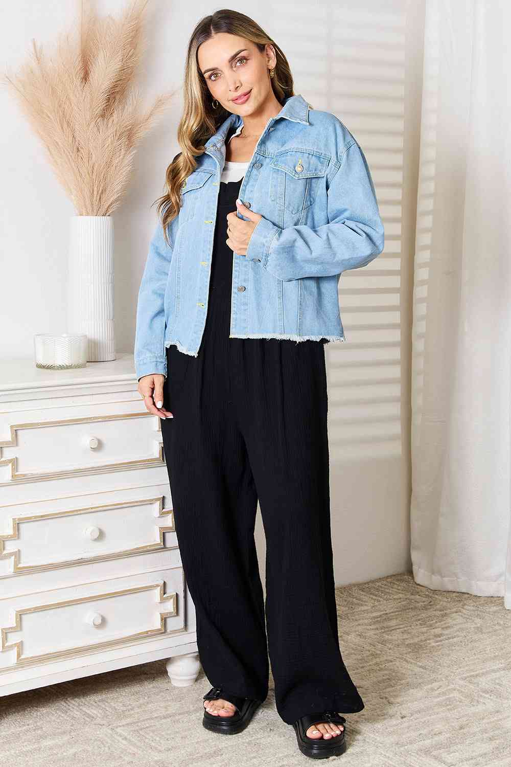Double Take Dropped Shoulder Raw Hem Denim Jacket - Trendsi - Flyclothing LLC