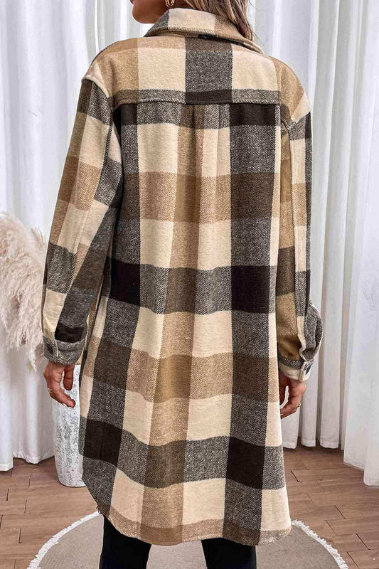 Plaid Button Down Longline Coat - Trendsi - Flyclothing LLC