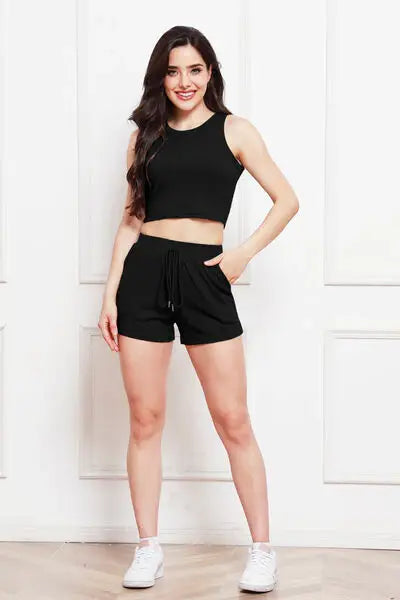 Round Neck Tank and Drawstring Shorts Set - Trendsi - Flyclothing LLC