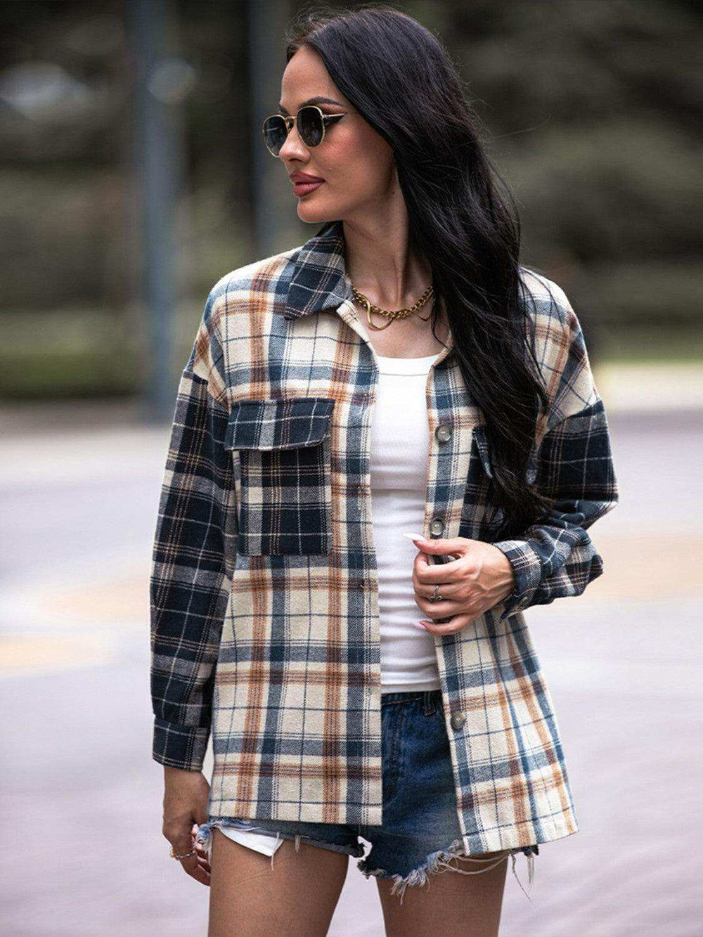 Plaid Dropped Shoulder Shacket - Trendsi - Flyclothing LLC