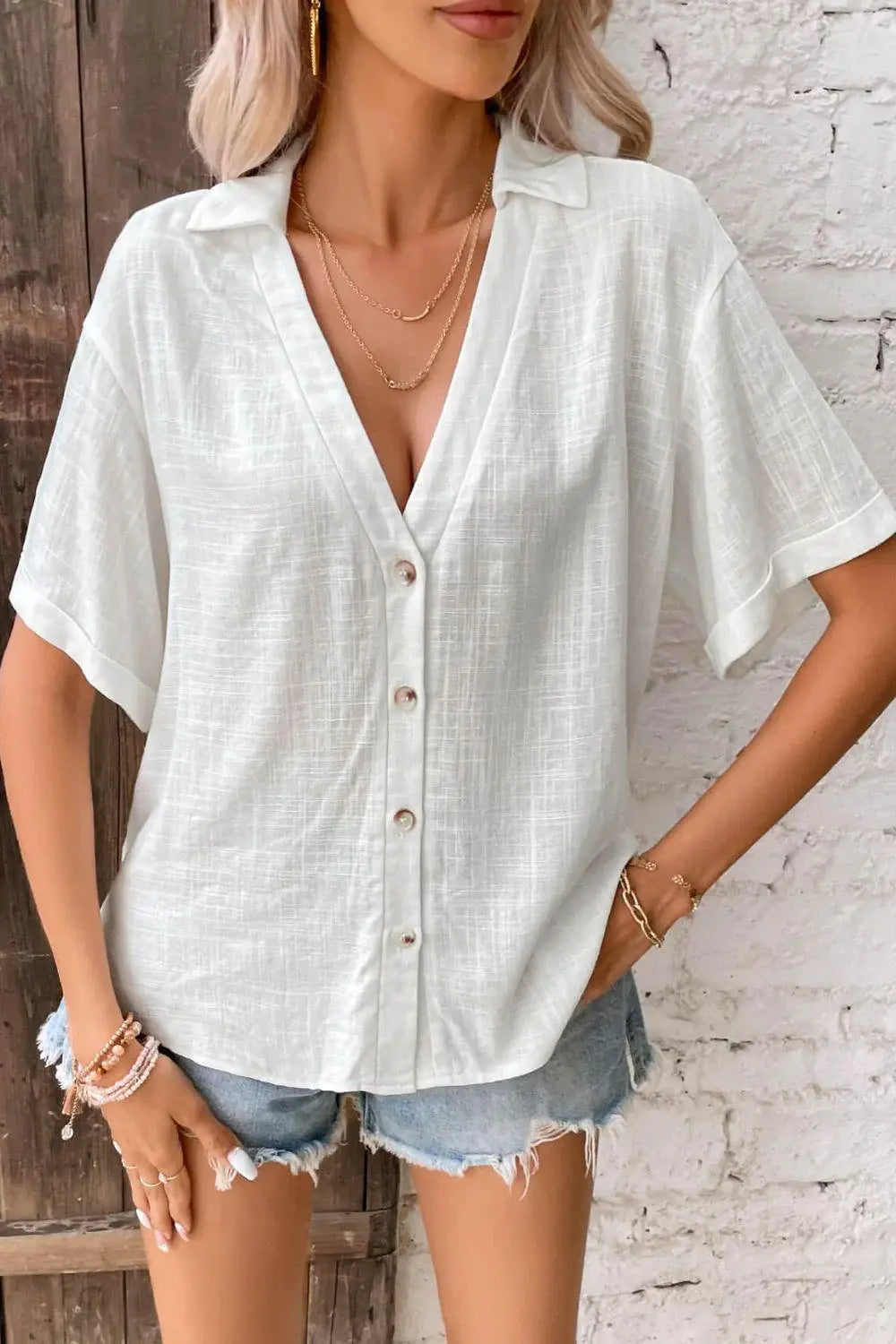 Button Front Johnny Collared Blouse - Trendsi - Flyclothing LLC