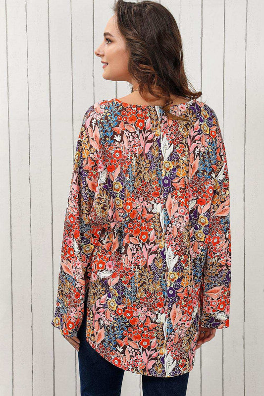 Floral V-Neck Long Sleeve Blouse - Trendsi - Flyclothing LLC
