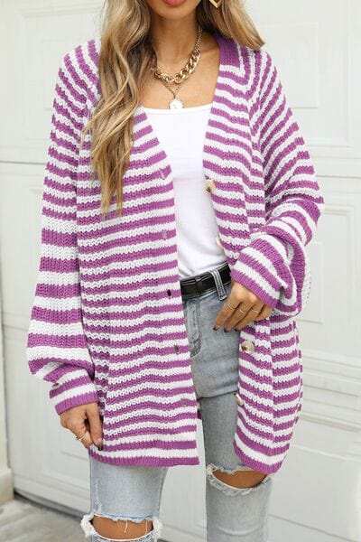 Striped Button Up Long Sleeve Cardigan - Trendsi - Flyclothing LLC