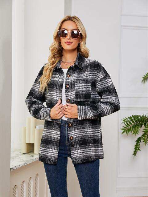 Plaid Collared Shirt Jacket - Trendsi - Flyclothing LLC
