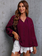 Crochet Tassel Tie Neck Long Sleeve Blouse - Trendsi