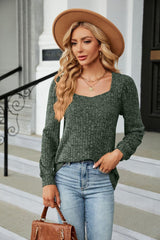 Ribbed Square Neck Long Sleeve T-Shirt - Trendsi