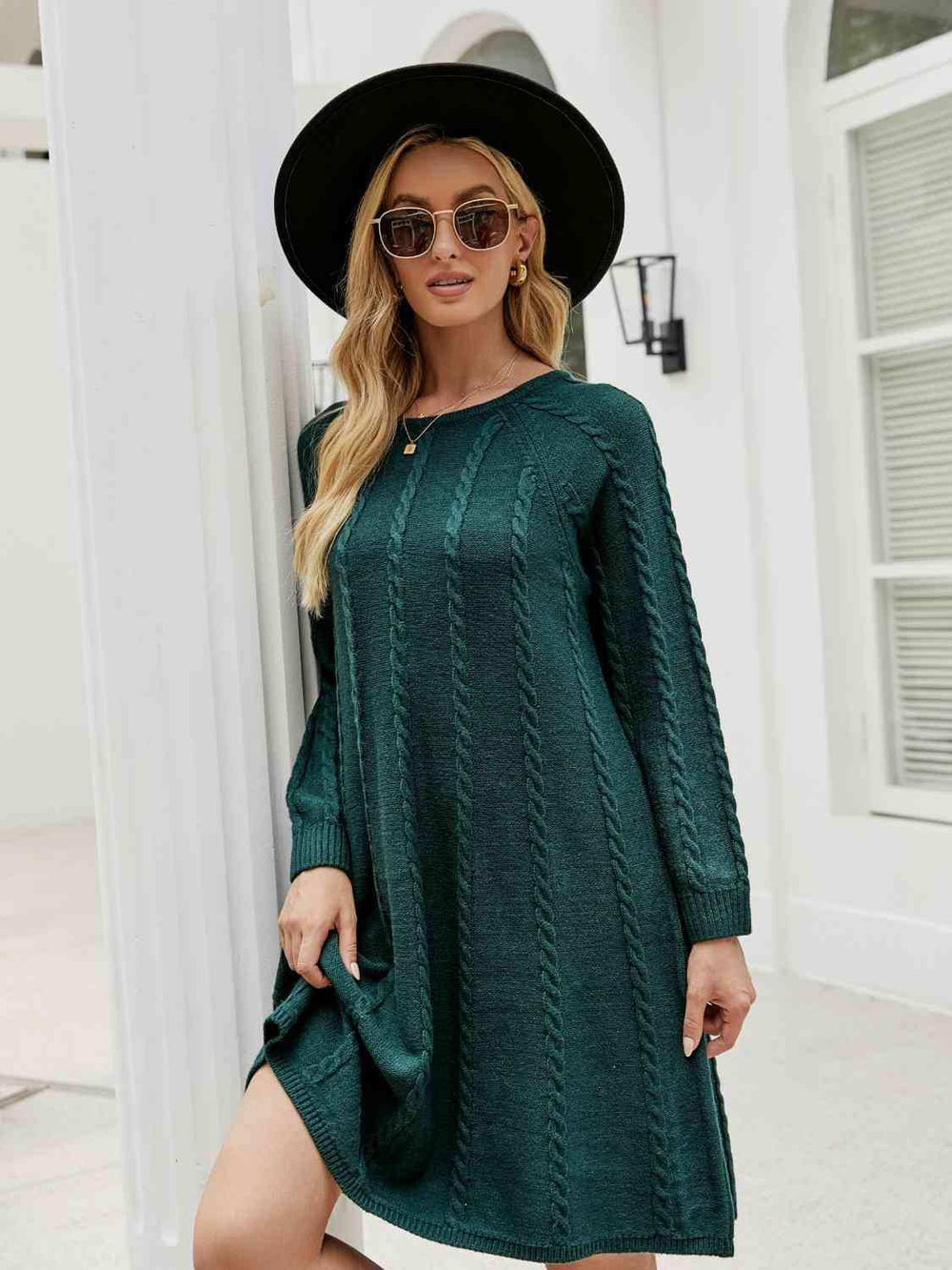 Cable-Knit Long Sleeve Sweater Dress - Trendsi - Flyclothing LLC