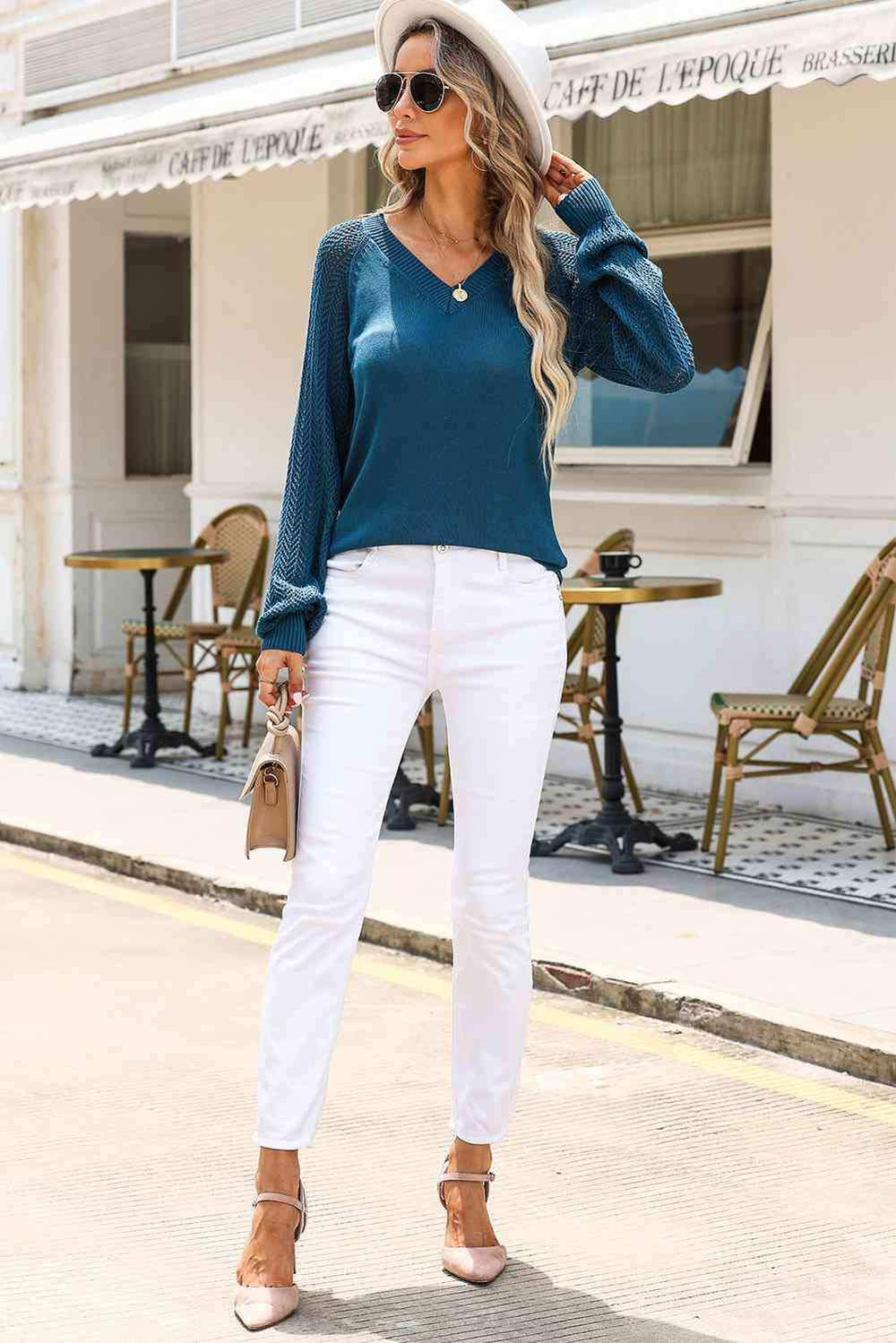V-Neck Raglan Sleeve Knit Top - Trendsi - Flyclothing LLC
