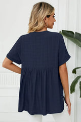 Side Slit Notched Neck Cuffed Short Sleeve Blouse - Trendsi - Flyclothing LLC