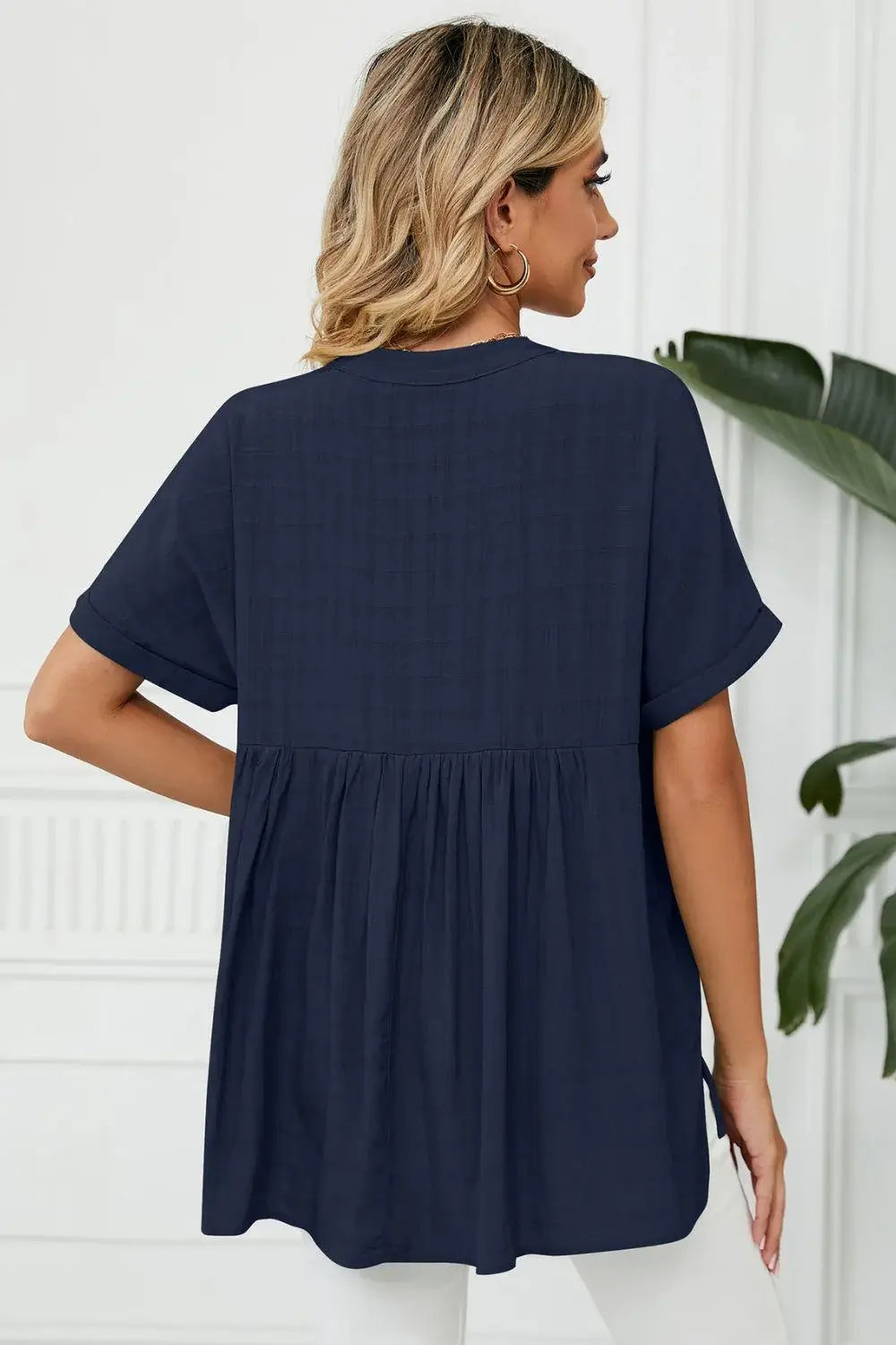 Side Slit Notched Neck Cuffed Short Sleeve Blouse - Trendsi - Flyclothing LLC