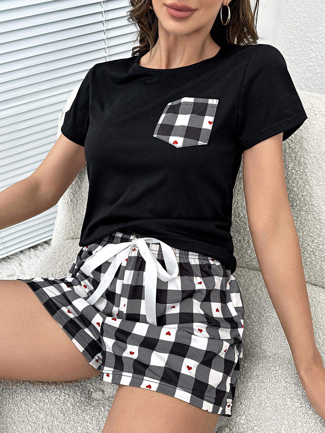 Plaid Heart Top and Shorts Lounge Set - Trendsi - Flyclothing LLC