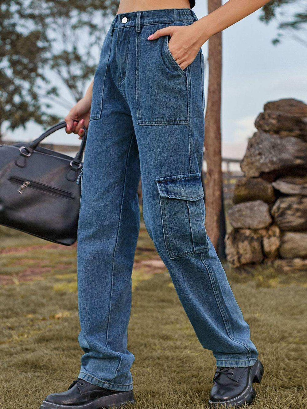 High Waist Cargo Jeans - Trendsi - Flyclothing LLC