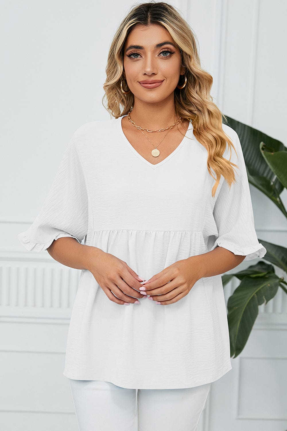 Peplum V-Neck Half Sleeve T-Shirt - Trendsi
