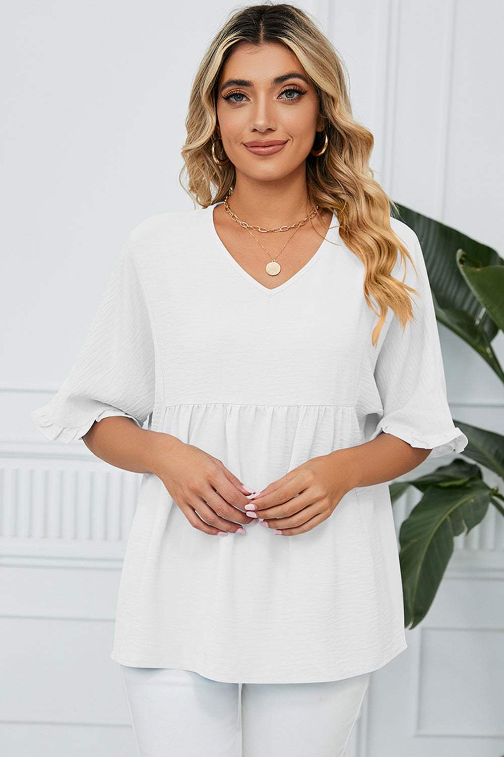 Peplum V-Neck Half Sleeve T-Shirt - Trendsi - Flyclothing LLC