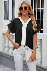 Contrast Johnny Collar Short Sleeve Blouse - Trendsi - Flyclothing LLC