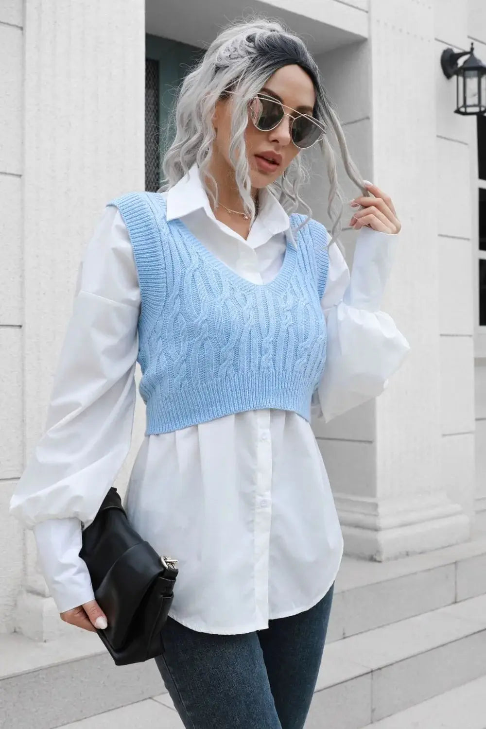 Cable-Knit Deep V Cropped Knit Vest - Trendsi - Flyclothing LLC