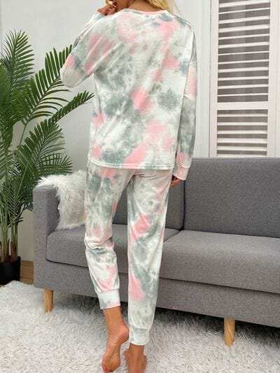 Tie-Dye Round Neck Top and Drawstring Pants Lounge Set - Trendsi - Flyclothing LLC