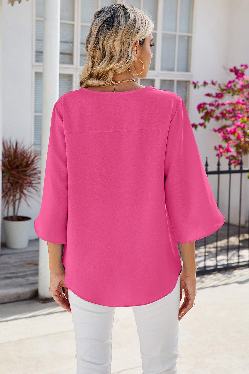 V-Neck Three-Quarter Sleeve Top - Trendsi - Flyclothing LLC