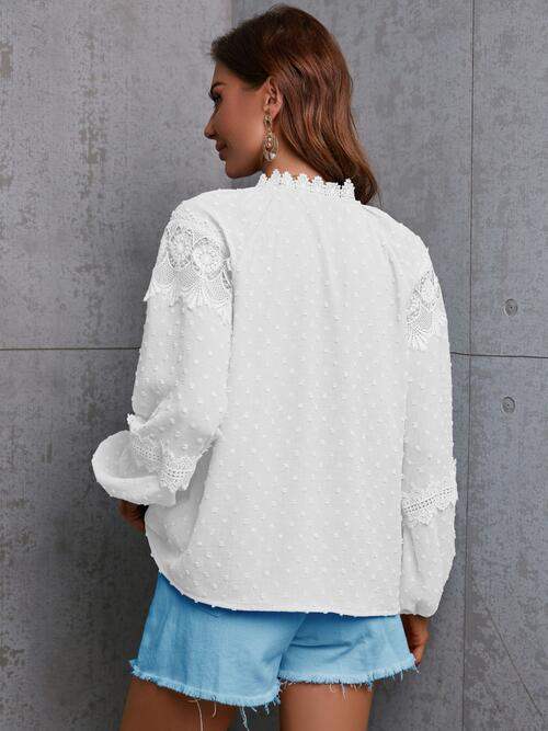 Crochet Tassel Tie Neck Long Sleeve Blouse - Trendsi - Flyclothing LLC
