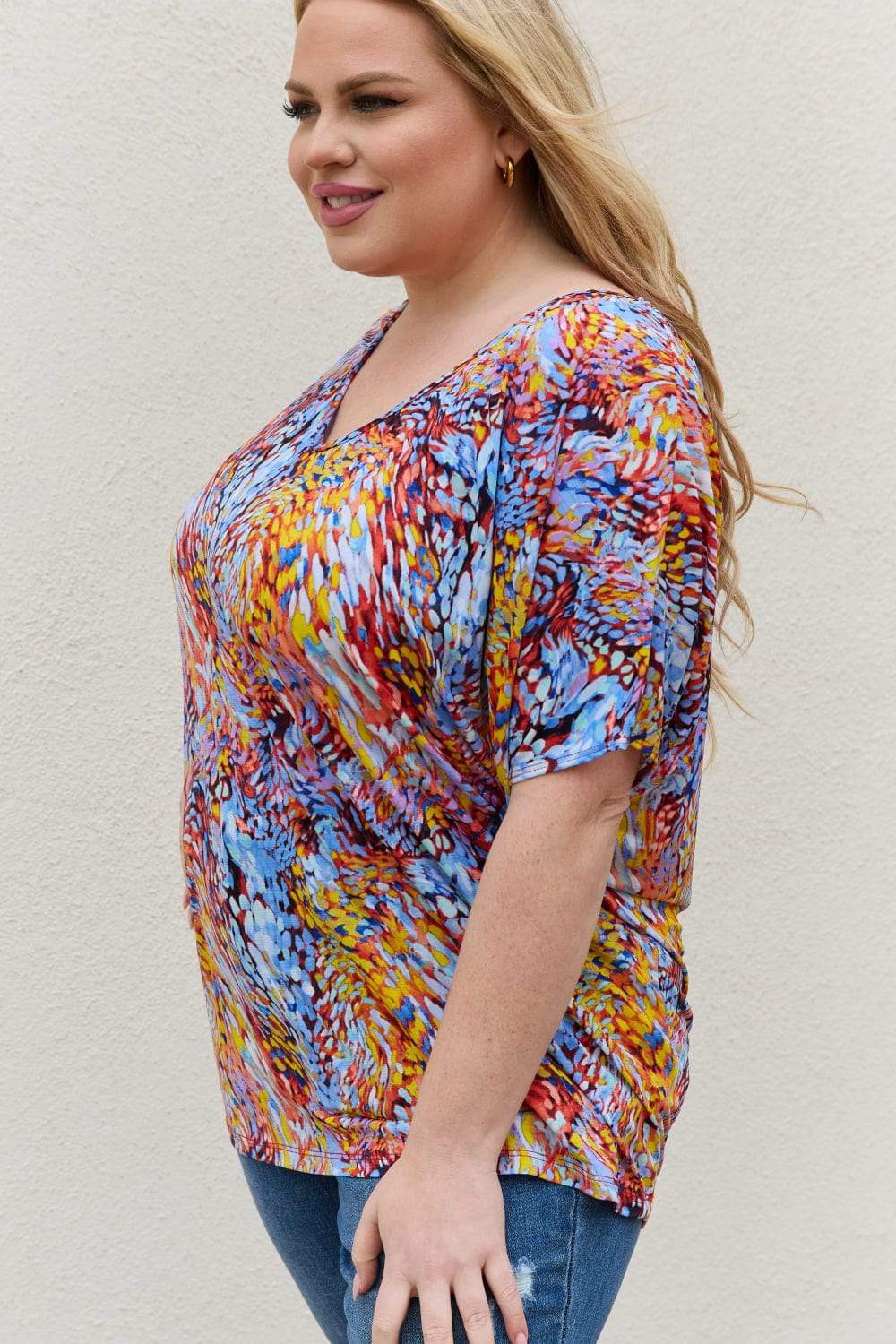 Be Stage Full Size Printed Dolman Flowy Top - Trendsi - Flyclothing LLC