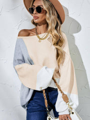Color Block Balloon Sleeve Boat Neck Sweater - Trendsi