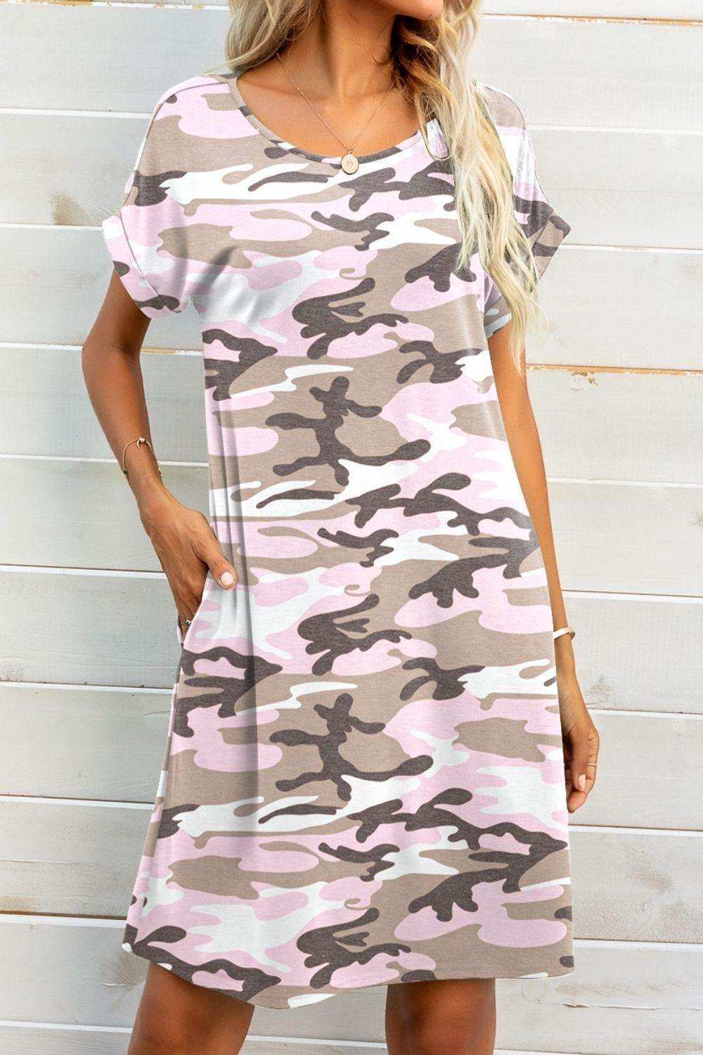 Scoop Neck Short Sleeve Pocket Dress - Trendsi - Flyclothing LLC